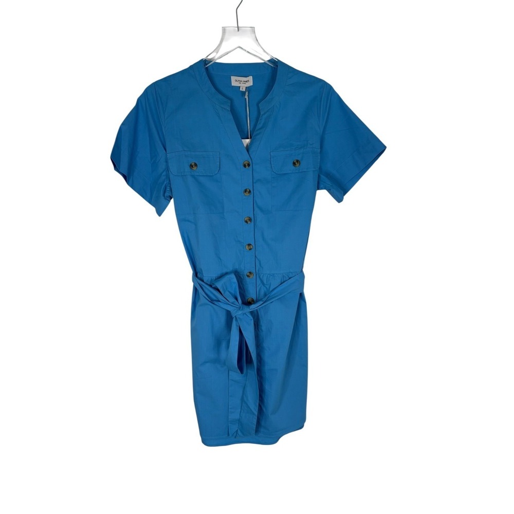 NWT Olivia James Womens Blue Belt Flap Pocket Utility Chic Mini Dress Size Large - Picture 7 of 16